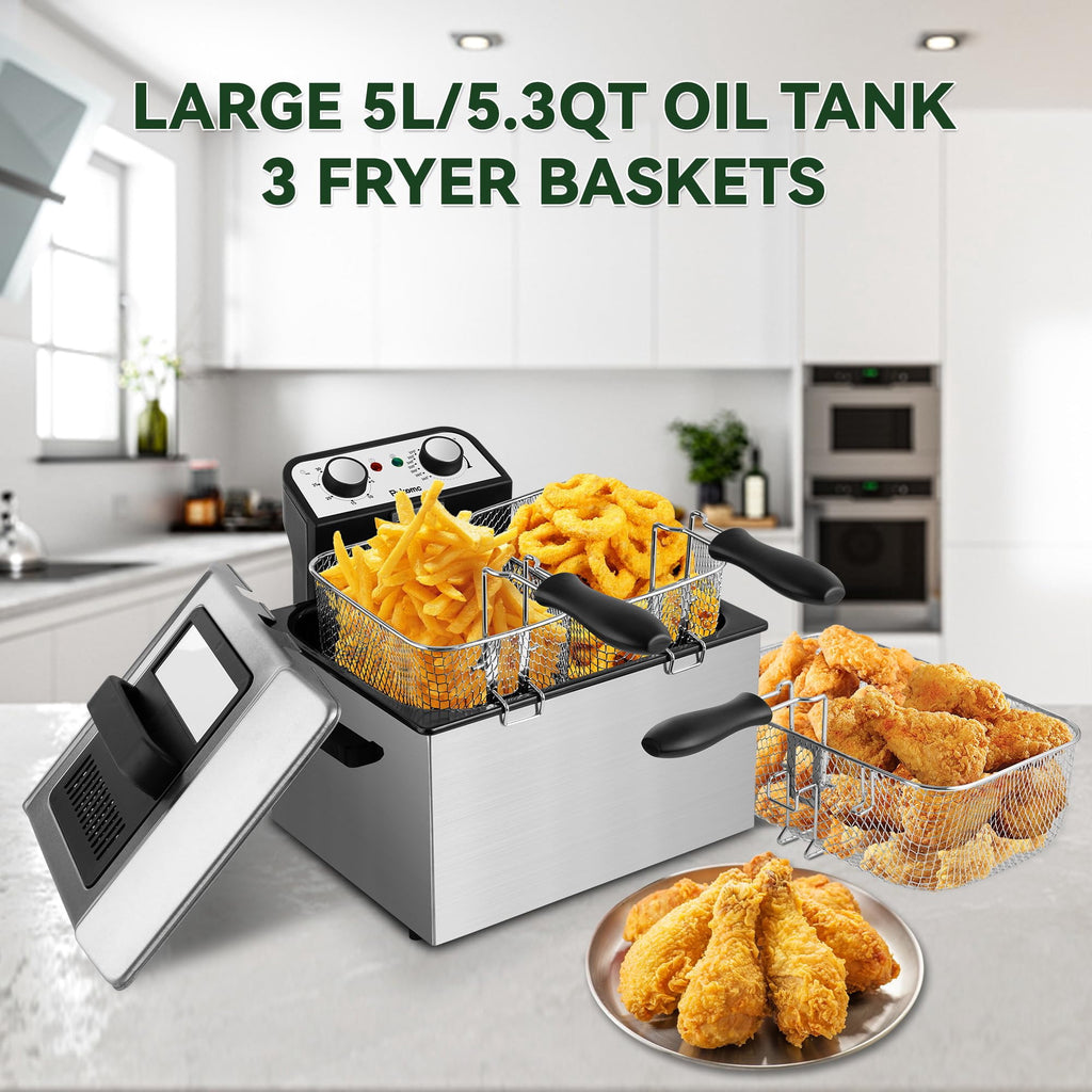 SUSLAS Deep Fryer, 1500W Electric Fryer with Non-Stick Inner Pot and Stainless Steel Basket, Family Size Home Kitchen Deep Fryer, 2.6 QT