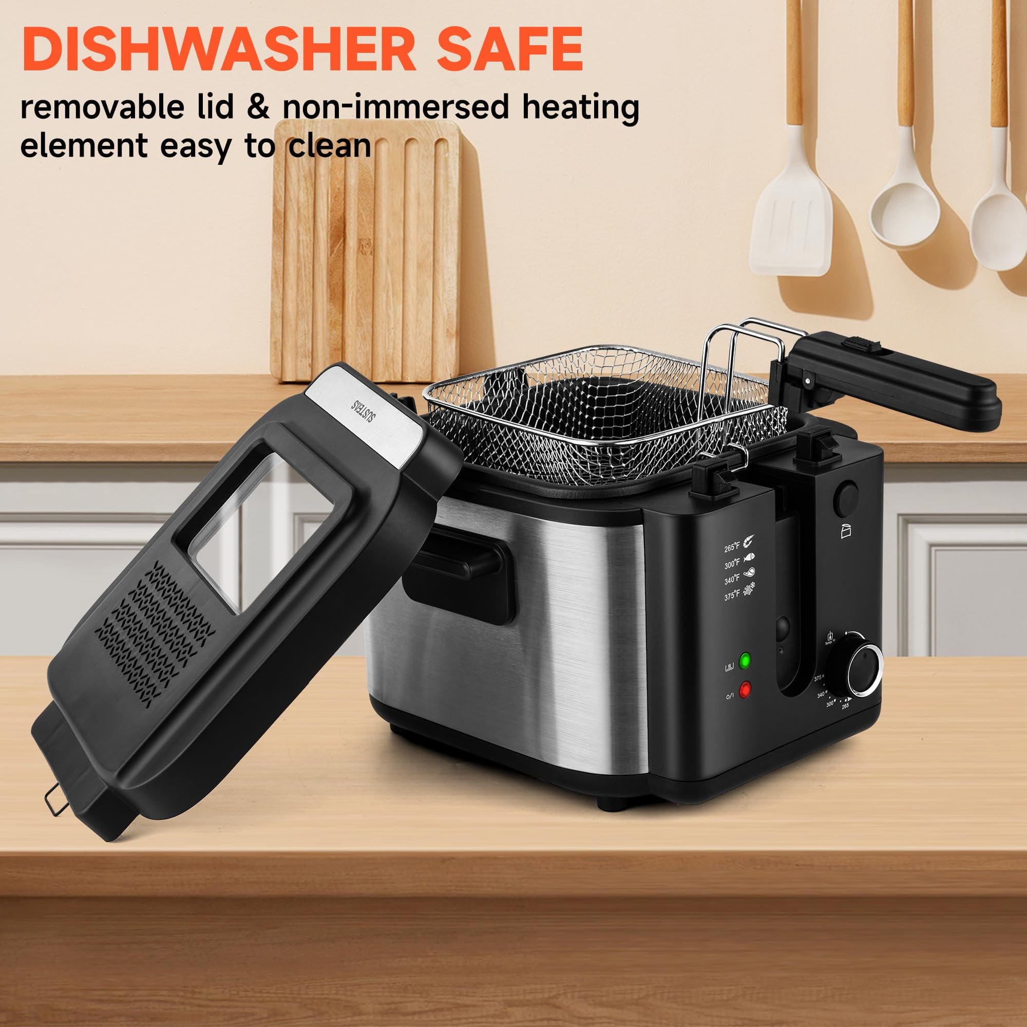 SUSLAS Deep Fryer, 1500W Electric Fryer with Non-Stick Inner Pot and Stainless Steel Basket, Family Size Home Kitchen Deep Fryer, 2.6 QT