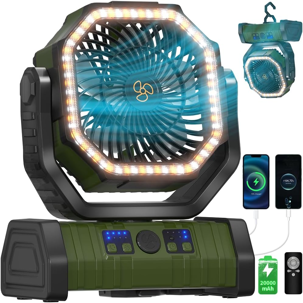 12 Inch Portable Camping Fan, 40000mAh Rechargeable Battery Powered Fan with 4 Speeds Wind and LED Light 140H, Cool & Warm Light and SOS Mode, Auto Oscillating, 360° Rotating Hang Hook(Orange)