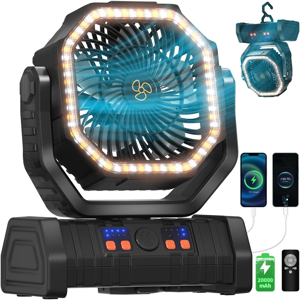 12 Inch Portable Camping Fan, 40000mAh Rechargeable Battery Powered Fan with 4 Speeds Wind and LED Light 140H, Cool & Warm Light and SOS Mode, Auto Oscillating, 360° Rotating Hang Hook(Orange)