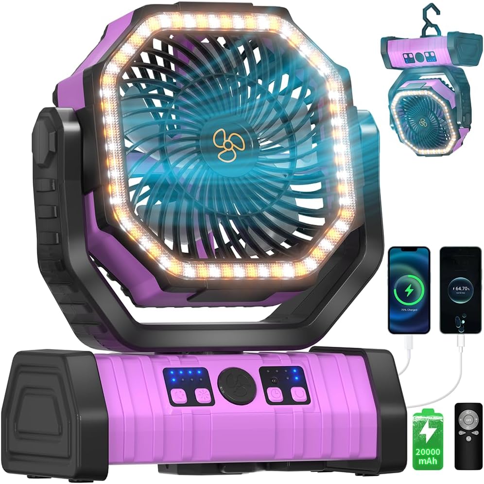12 Inch Portable Camping Fan, 40000mAh Rechargeable Battery Powered Fan with 4 Speeds Wind and LED Light 140H, Cool & Warm Light and SOS Mode, Auto Oscillating, 360° Rotating Hang Hook(Orange)