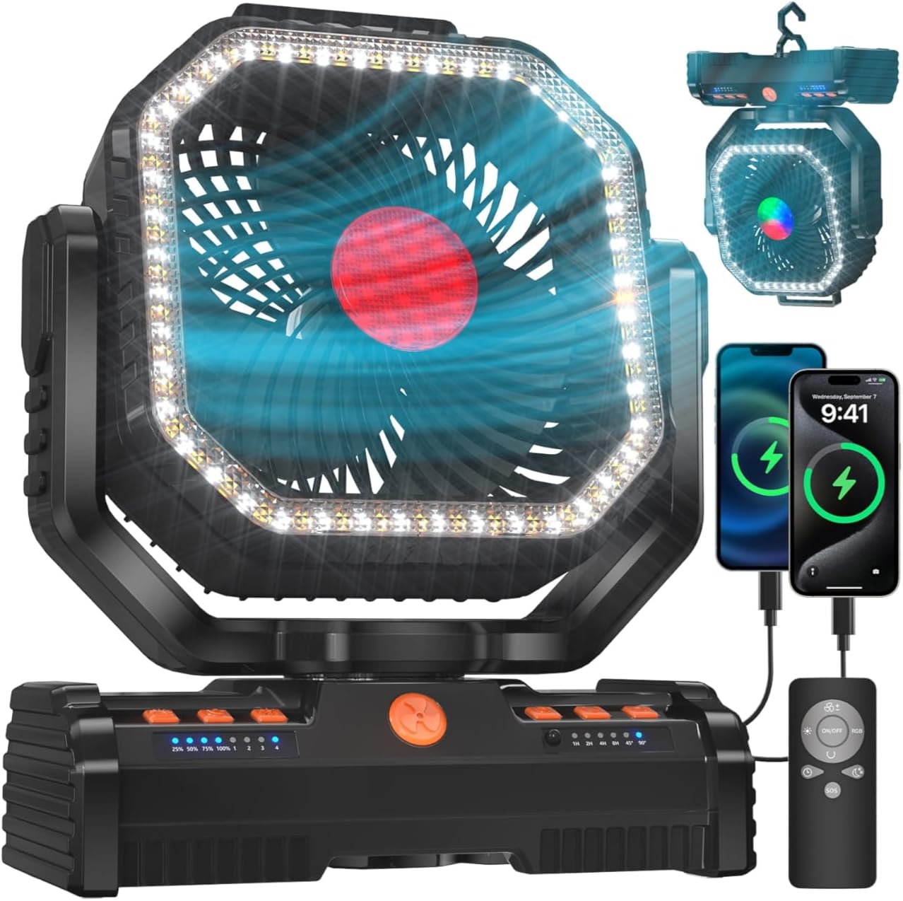 12 Inch Portable Camping Fan, 40000mAh Rechargeable Battery Powered Fan with 4 Speeds Wind and LED Light 140H, Cool & Warm Light and SOS Mode, Auto Oscillating, 360° Rotating Hang Hook(Orange)