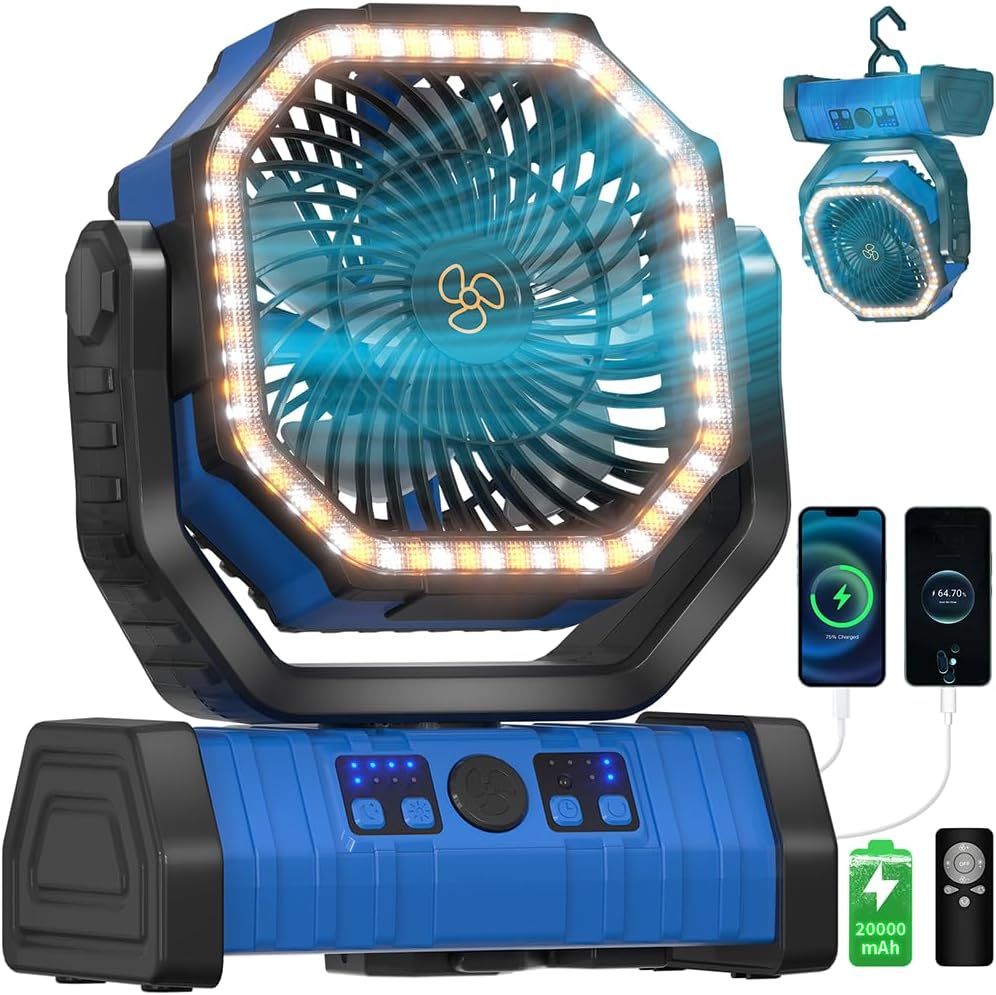 12 Inch Portable Camping Fan, 40000mAh Rechargeable Battery Powered Fan with 4 Speeds Wind and LED Light 140H, Cool & Warm Light and SOS Mode, Auto Oscillating, 360° Rotating Hang Hook(Orange)