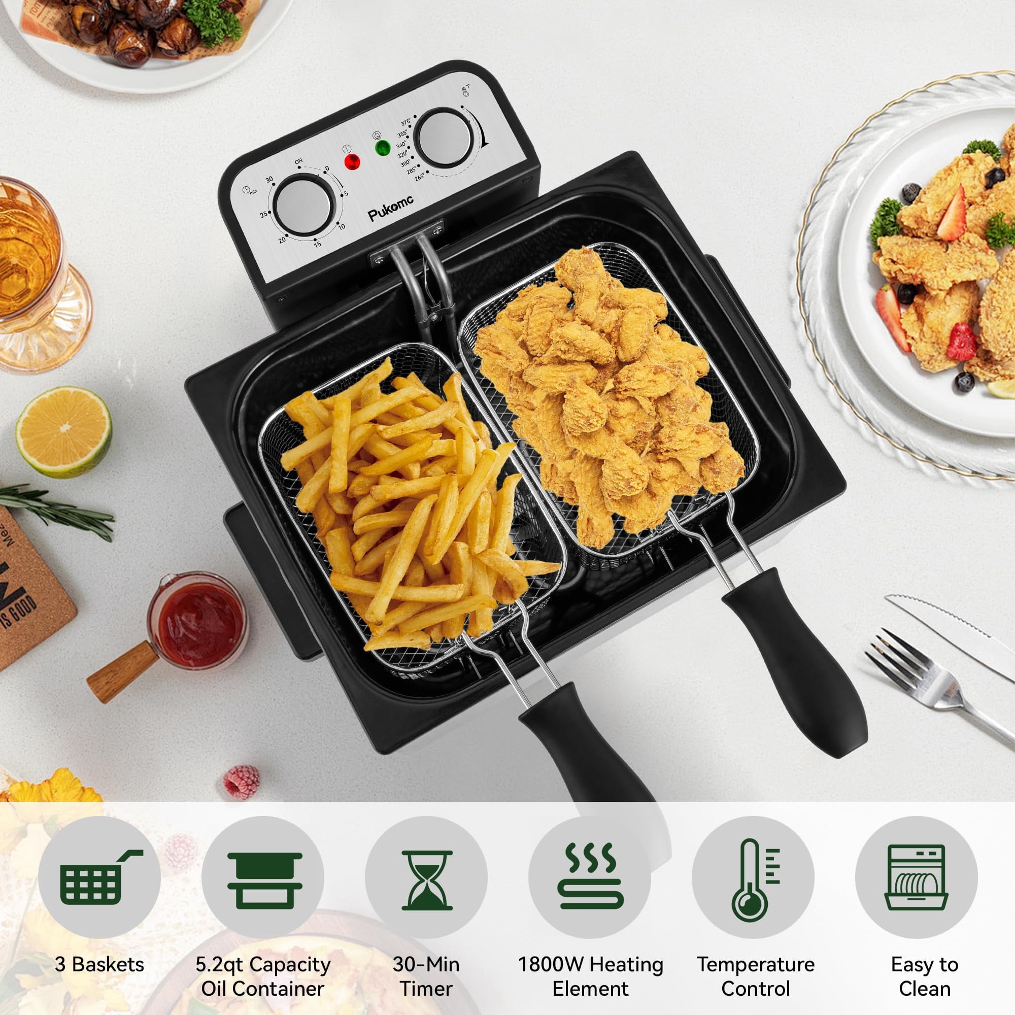 SUSLAS Deep Fryer, 1500W Electric Fryer with Non-Stick Inner Pot and Stainless Steel Basket, Family Size Home Kitchen Deep Fryer, 2.6 QT