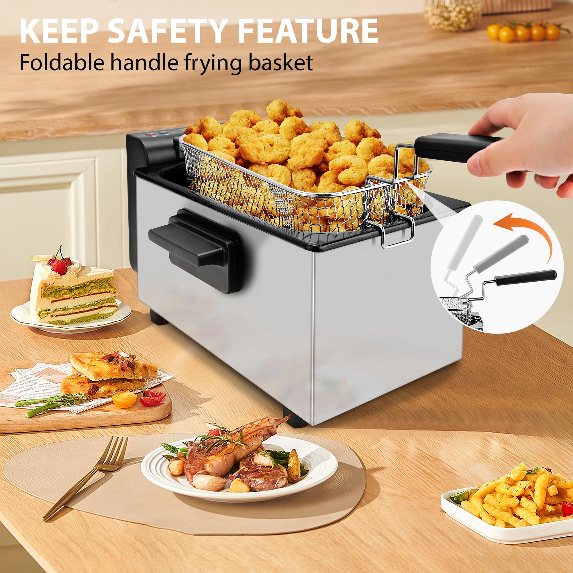 SUSLAS Deep Fryer, 1500W Electric Fryer with Non-Stick Inner Pot and Stainless Steel Basket, Family Size Home Kitchen Deep Fryer, 2.6 QT