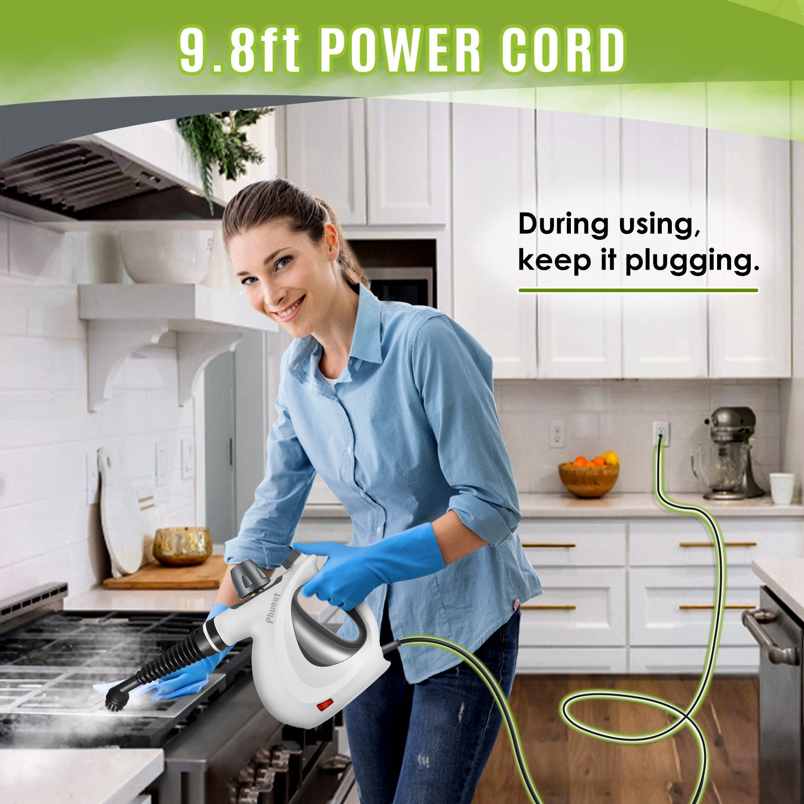 Phueut Pressurized Handheld Multi-Surface Natural Steam Cleaner with 12 pcs Accessories, Multi-Purpose Steamer for Home Use, Steamer for Cleaning Floor, Upholstery, Grout and Car